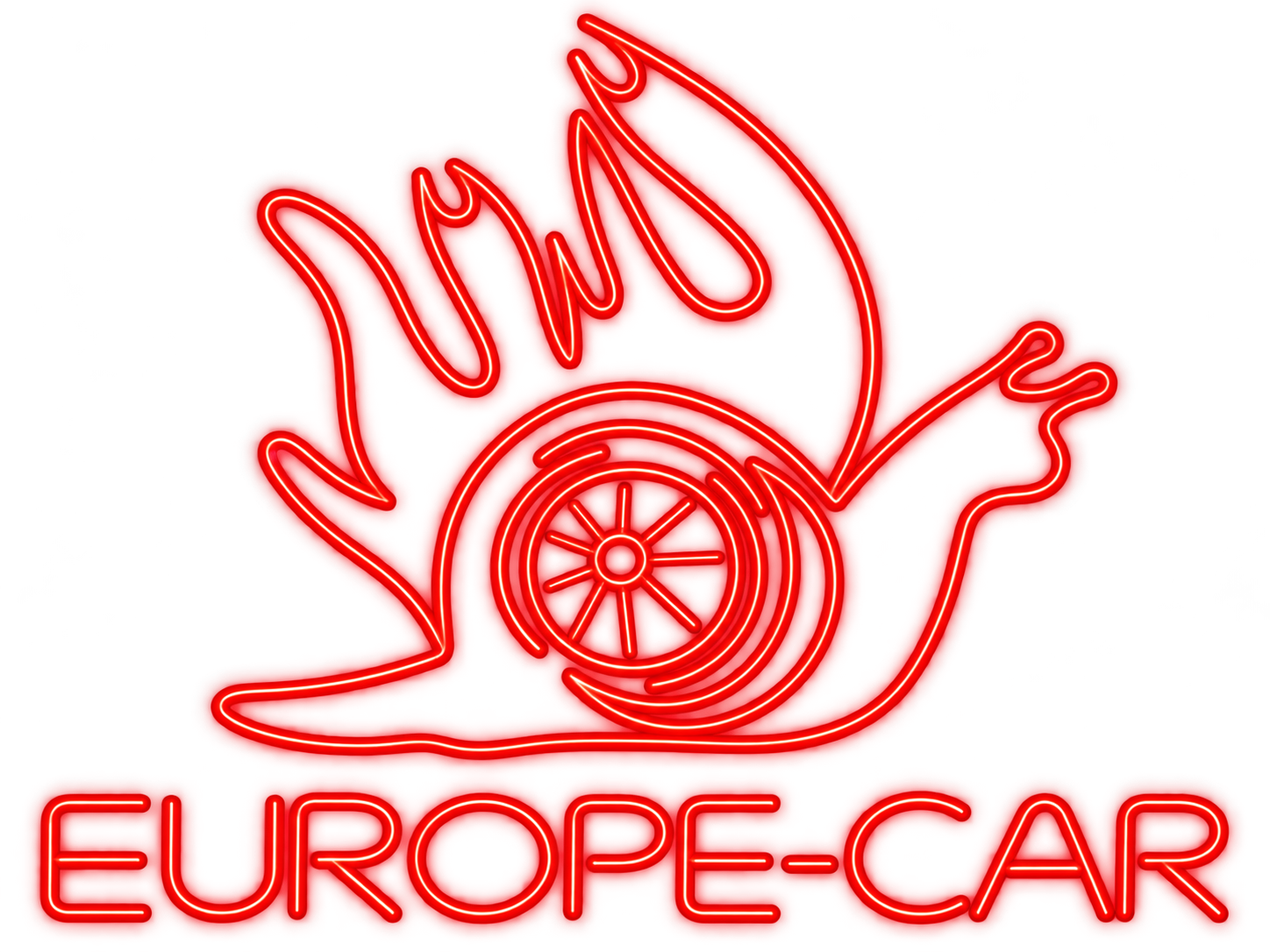 EUROPE-CAR — красная неоновая вывеска с улиткой и турбиной